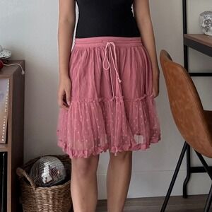 R.Vivimos Pink Tiered Polka Dot Mesh Ruffle Skirt Small Boho Cottagecore